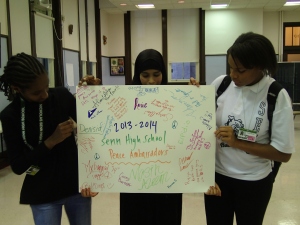 Senn student Peace Ambassadors sign the pledge to help resolve conflict at school!